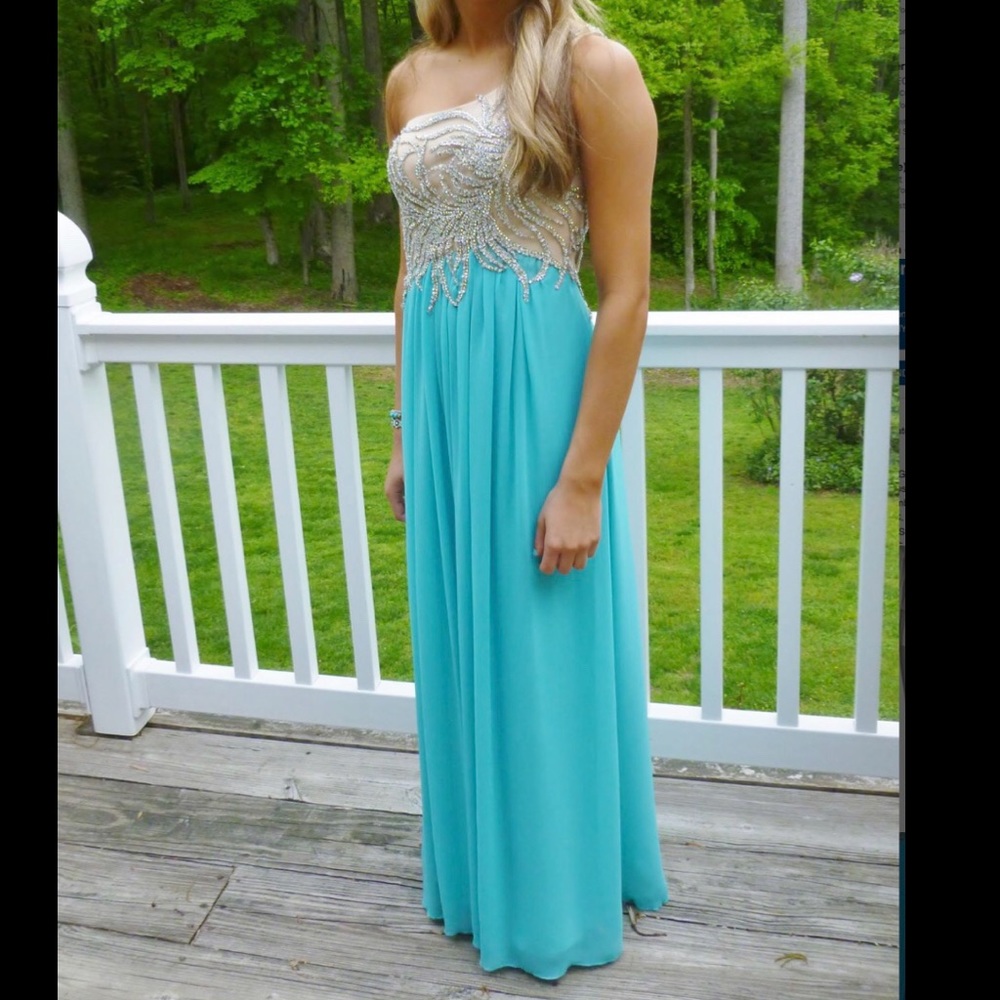 Turquoise Beaded One Shoulder Gown